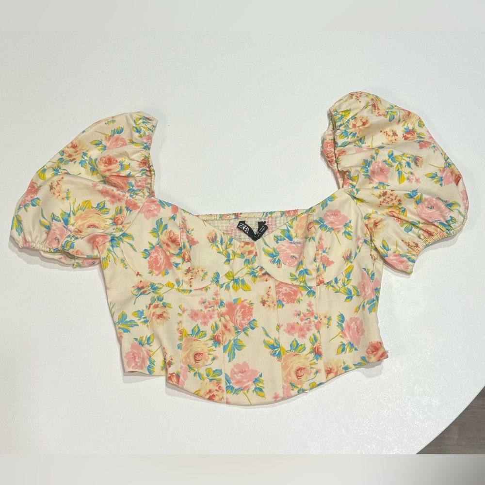 Zara Floral Corset Puffed Sleeves Crop Top
